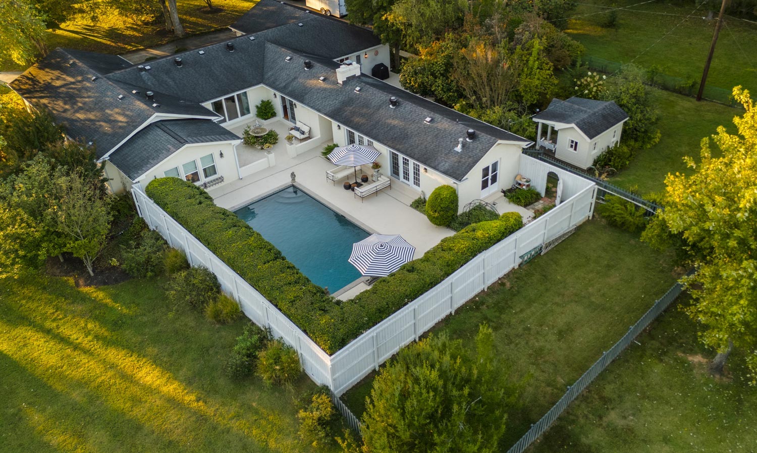 Aerial view of a fenced pool and patio, Brentwood, TN